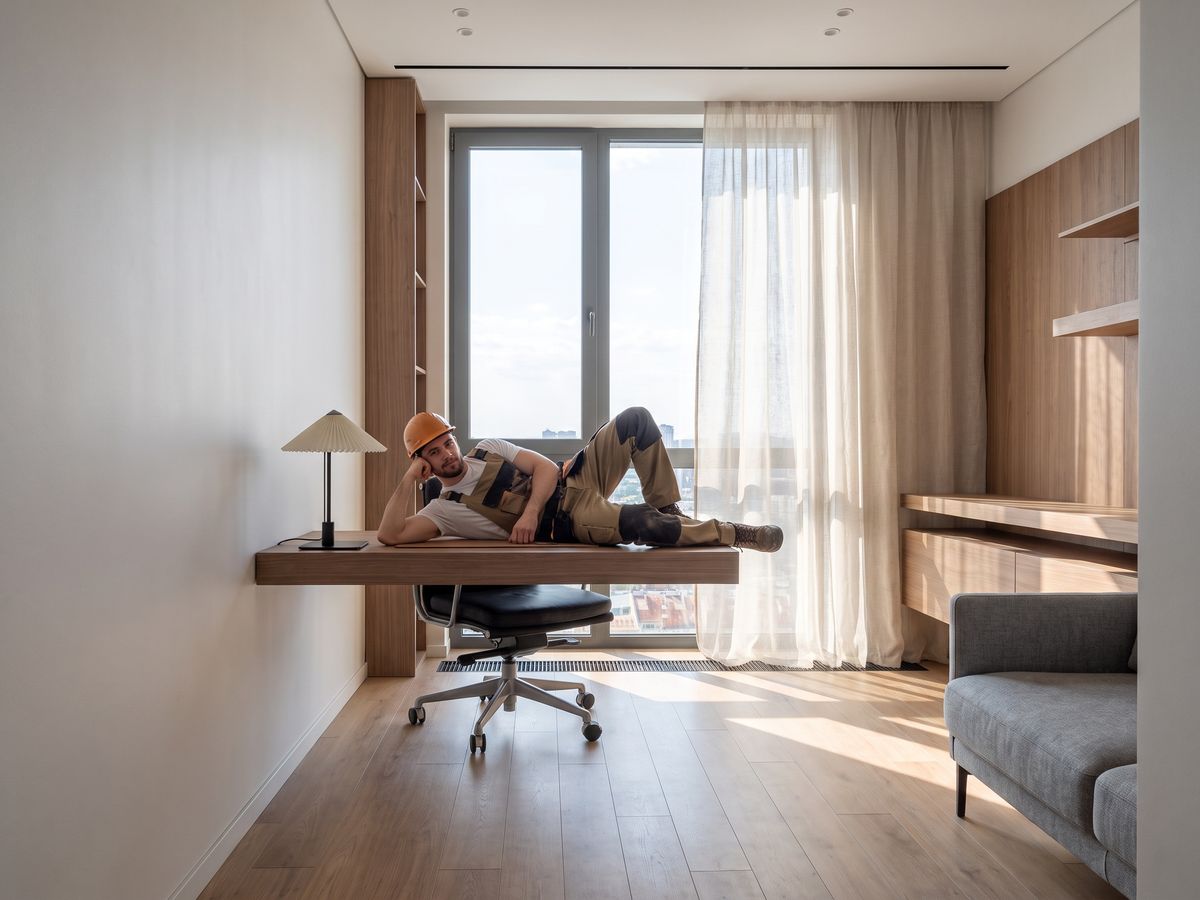 Despacho antes de la edición con IA Despacho luminoso con escritorio de madera y una gran ventana antes de la edición con IA