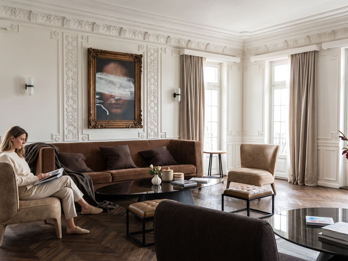 Visualización fotorrealista con IA de un salón Visualización fotorrealista con IA de un salón clásico con sofá marrón y molduras