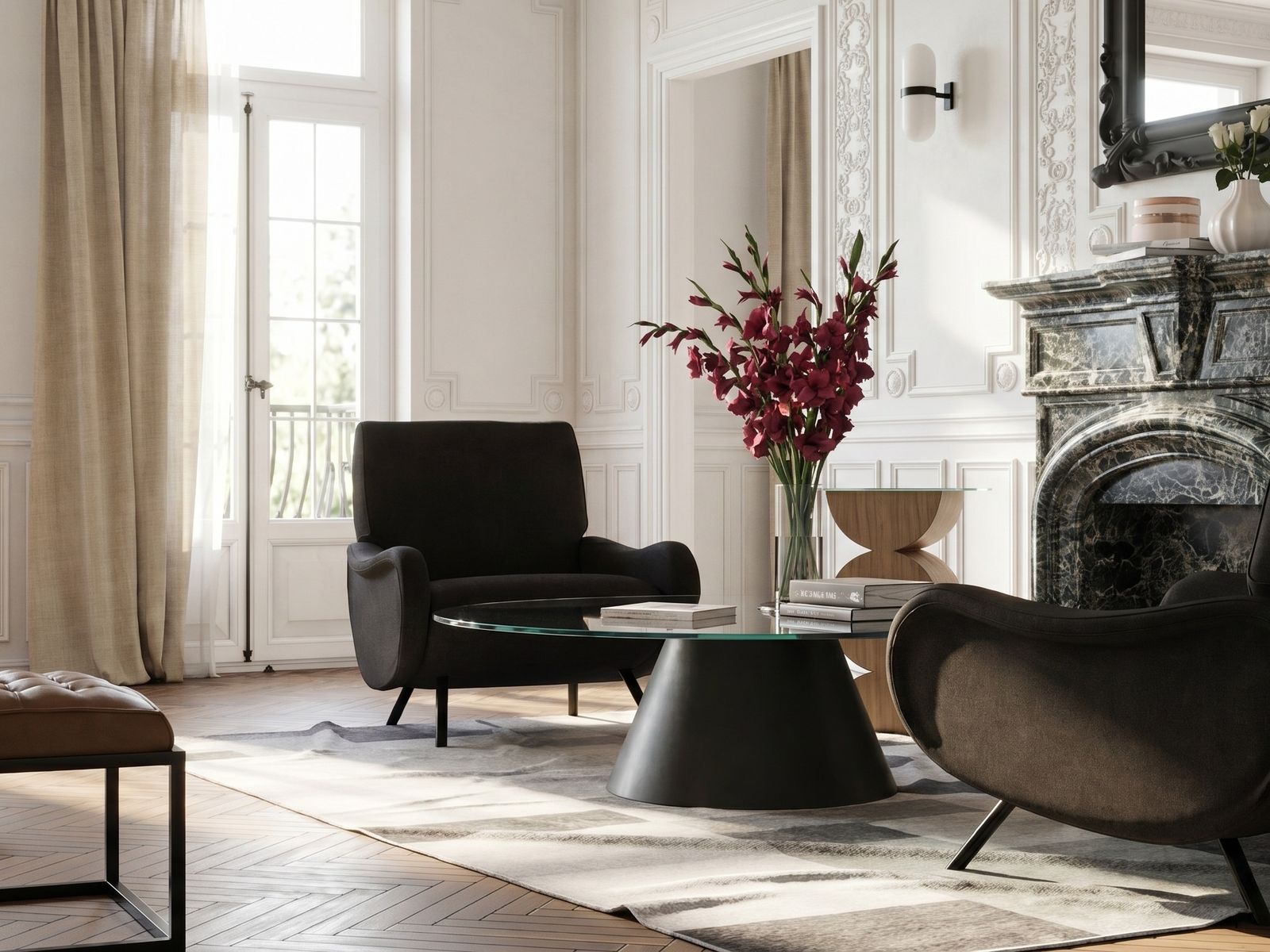 Salón antes de la edición con IA Salón clásico con sillones negros, mesa de centro de cristal y chimenea de mármol antes de la edición con IA