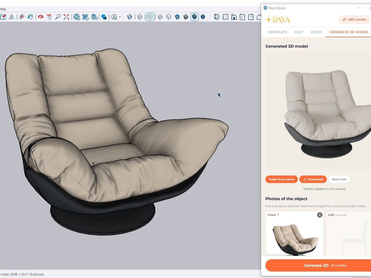 Modelo 3D de un sillón a partir de una foto en el plugin de Raya Modelo 3D de un sillón generado a partir de una foto en el plugin de Raya y colocado en una escena de SketchUp