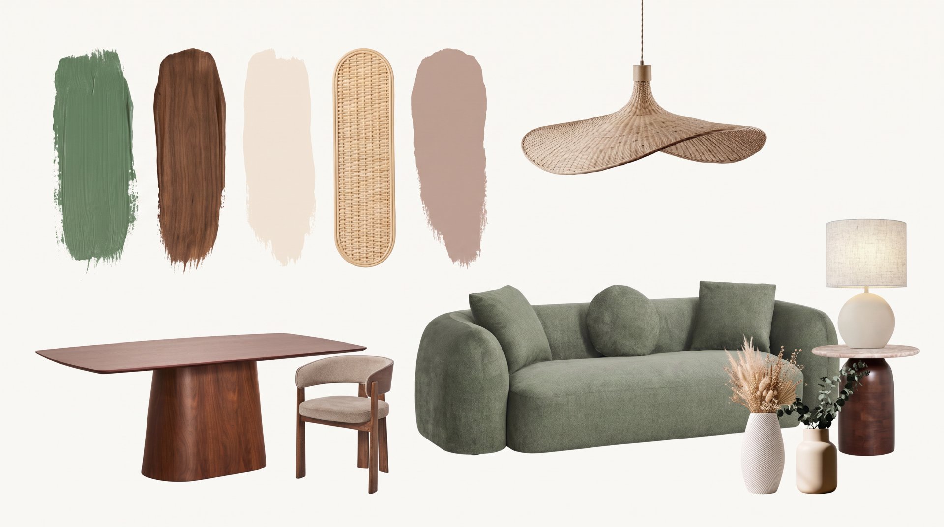 Ejemplo de moodboard de interiores basado en la paleta de color Moodboard de salón comedor con IA del generador de Raya, estilo historia de color: muestras de verde, nogal y arena junto a un sofá verde y una mesa de nogal