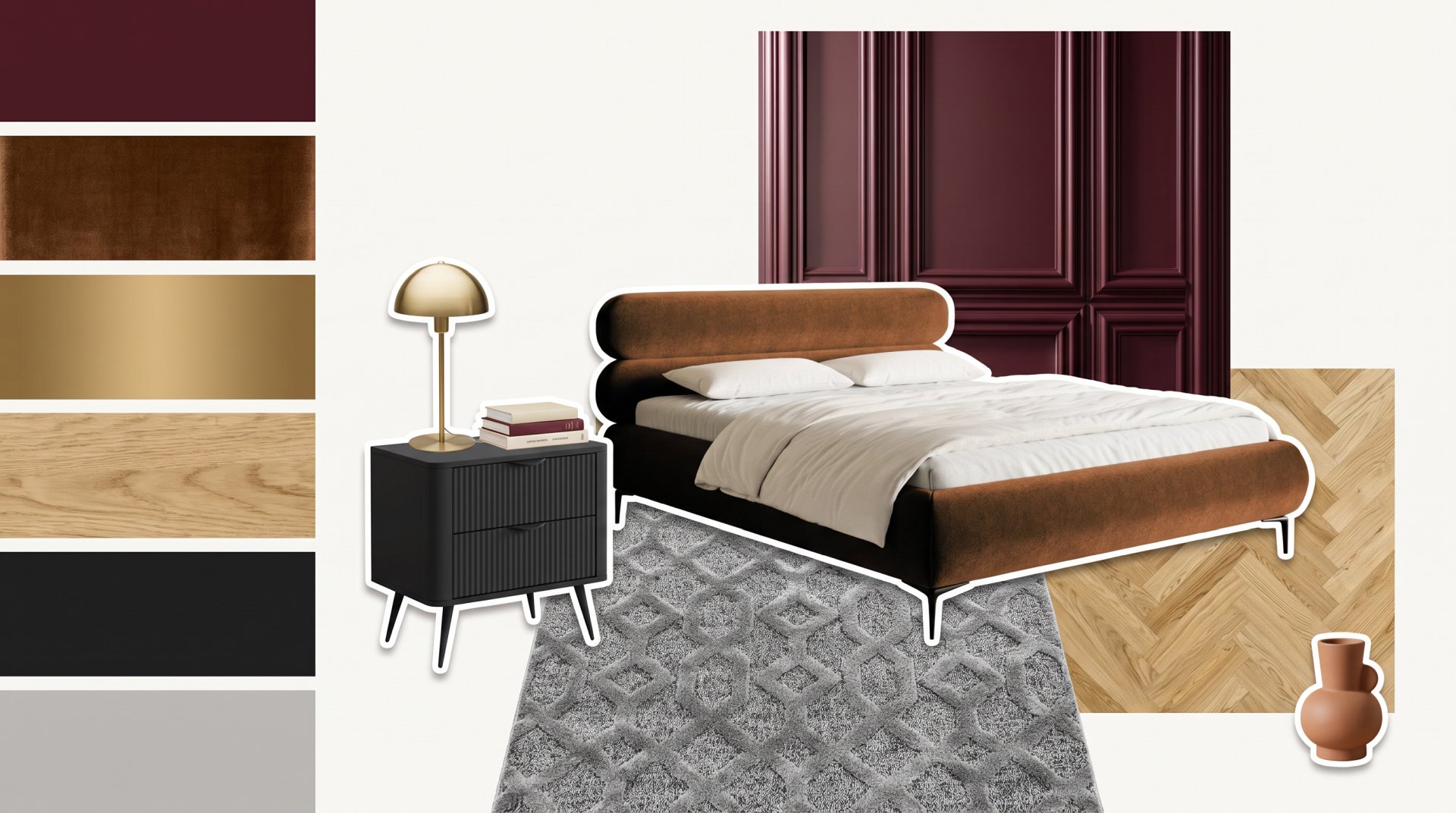 Moodboard de interiores en composición de historia de color Moodboard de dormitorio con IA hecho en Raya en estilo historia de color: muestras de pared, terciopelo, latón y roble junto a la cama, la mesilla y la lámpara