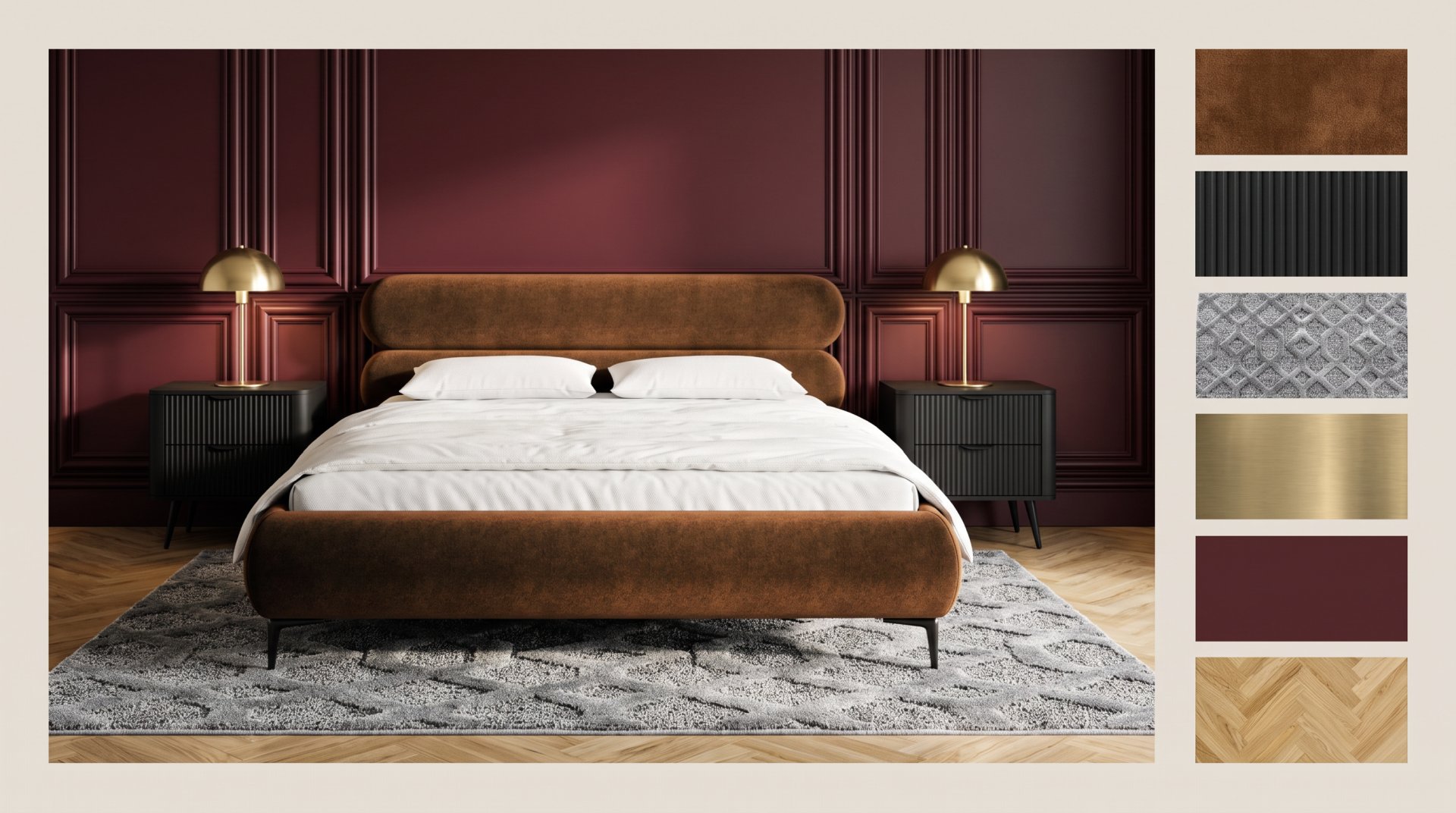 Ejemplo de moodboard realista de dormitorio Moodboard de dormitorio con IA del generador de Raya en estilo realista: pared burdeos con molduras, cama de terciopelo teja, lámparas de latón y muestras