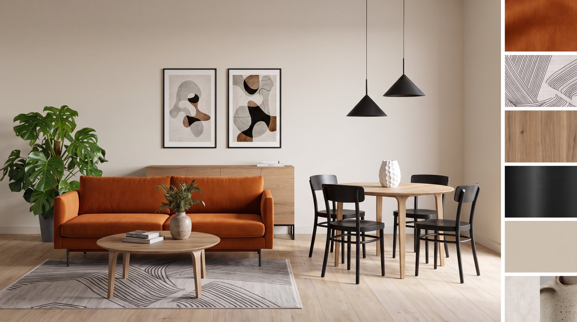 Moodboard de interiores como escena terminada Moodboard con IA del generador de Raya en estilo realista: los mismos muebles compuestos en una escena de salón comedor, con una franja de muestras