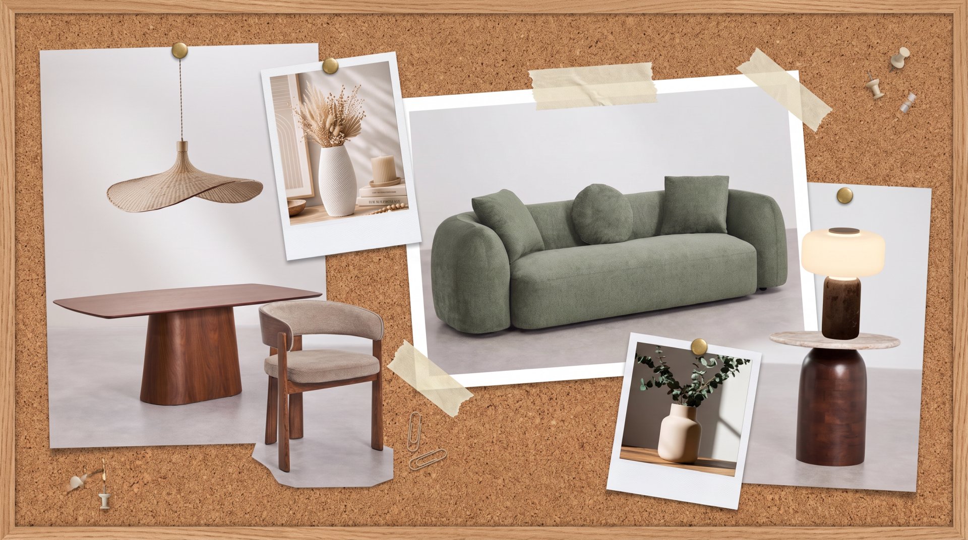 Ejemplo de moodboard en estilo álbum de recortes Moodboard con IA en estilo álbum de recortes hecho en Raya: fotos de un sofá verde, una mesa de nogal y lámparas sujetas a un tablero de corcho