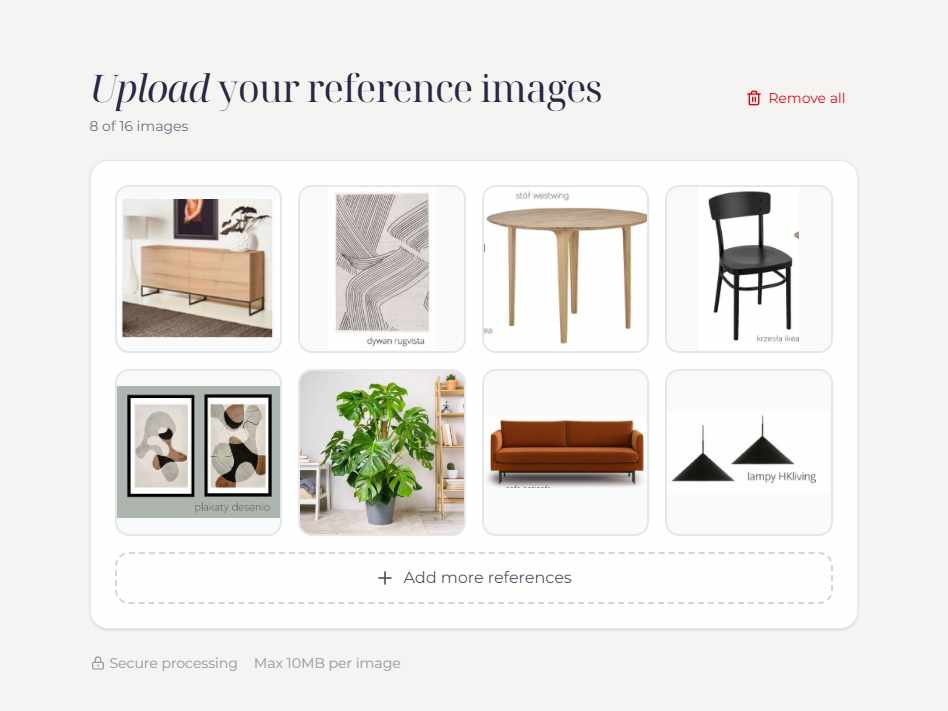 Generador de moodboards de Raya: el panel de subida con ocho fotos de referencia de muebles, iluminación y complementos