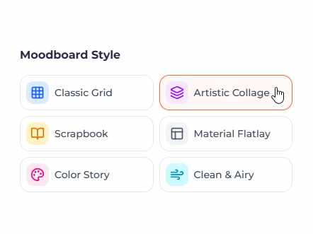Programa de moodboards Raya: elección de una de las seis composiciones, de la cuadrícula clásica al collage artístico