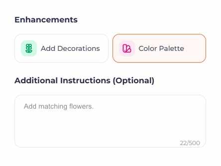 Ajustes del moodboard en Raya: interruptores de paleta de color y decoraciones, más un campo para tus propias indicaciones