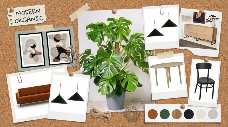 Moodboard terminado hecho en Raya: muebles, plantas y complementos sujetos a un tablero de corcho titulado Modern Organic