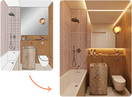 Badezimmer-Interieur: ein 3D-Modell, verwandelt in eine fotorealistische KI-Visualisierung — die Generieren-Funktion in Raya