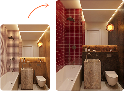 Badezimmer vor und nach der KI-Bearbeitung: beige Fliesen mit einem einzigen Prompt in Rot geändert — die Bearbeiten-Funktion in Raya