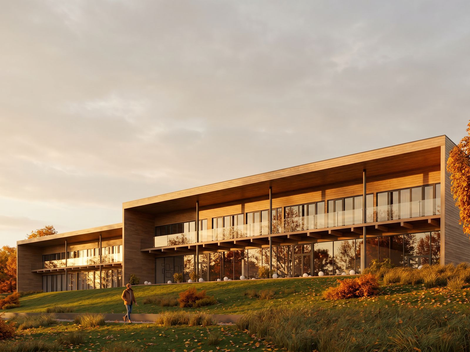 Visualización arquitectónica con IA de un edificio Visualización arquitectónica fotorrealista con IA de un edificio con fachada de madera bajo la luz otoñal de la hora dorada