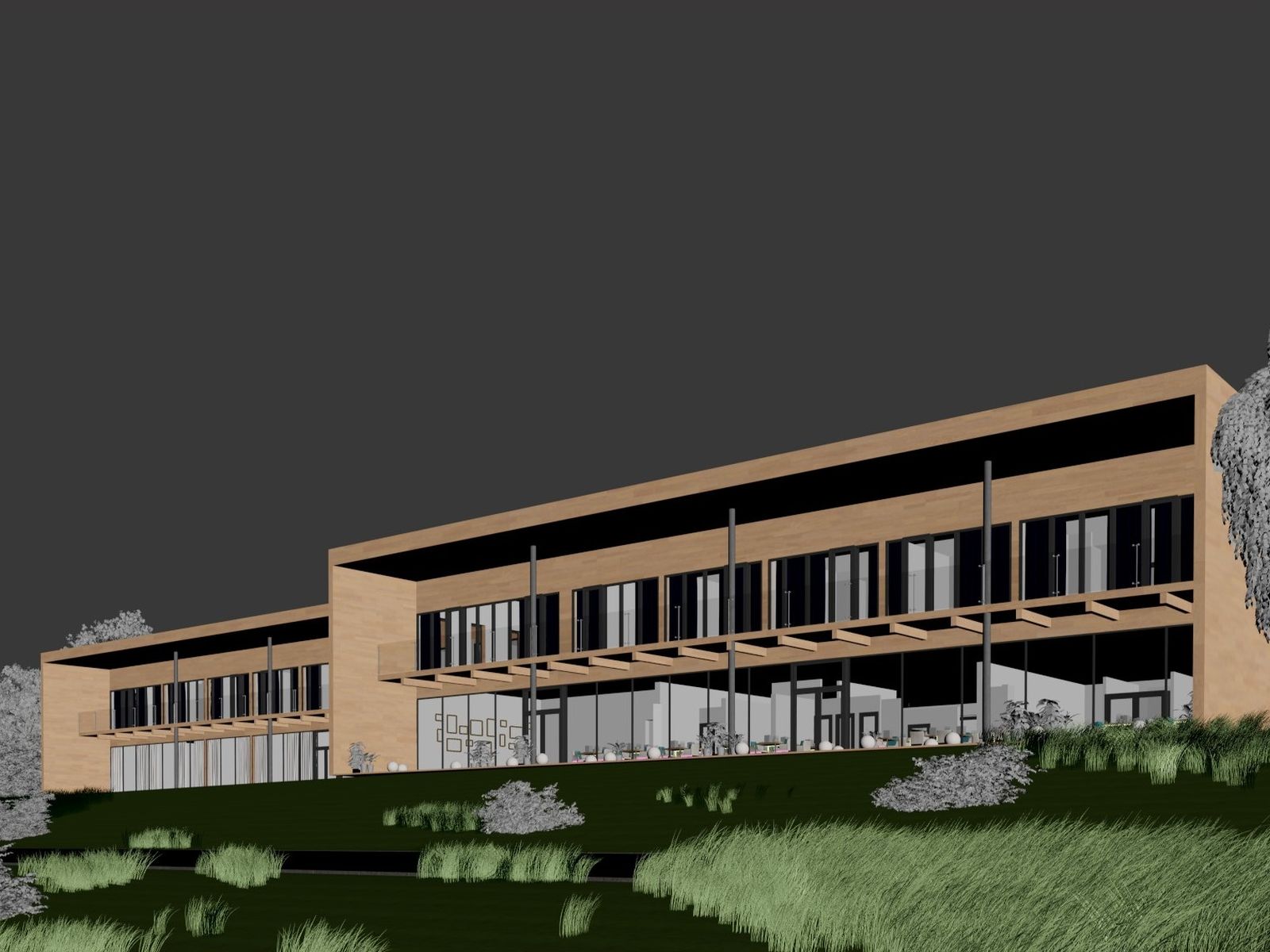 Modelo de edificio de un programa 3D Modelo de un edificio de dos plantas con fachada de madera y acristalamientos exportado de un programa 3D