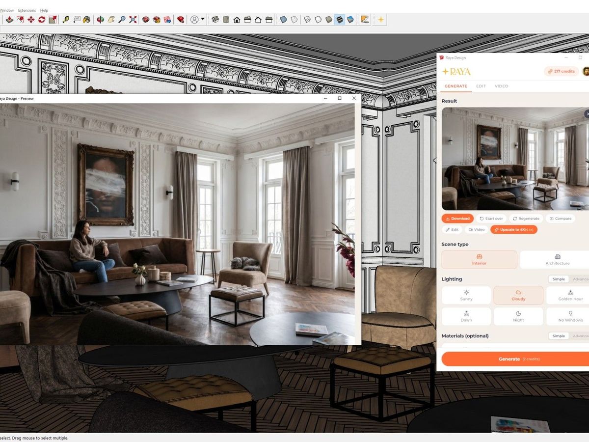 Plugin de Raya para SketchUp Plugin de Raya en SketchUp con la vista previa de una visualización con IA generada desde el modelo