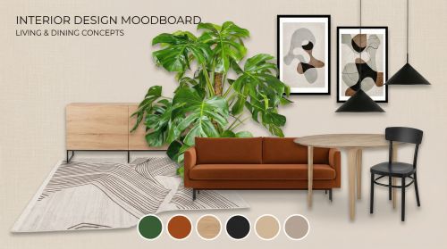 Tablero de inspiración en collage artístico Moodboard de interiores con IA hecho en Raya en estilo collage artístico: fotos superpuestas de muebles, plantas y láminas sobre fondo beige