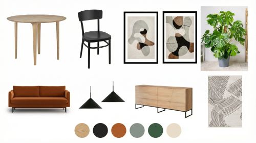Moodboard de interiores en cuadrícula clásica Moodboard de salón con IA de Raya en estilo cuadrícula clásica: sofá, mesa, silla, láminas y lámparas en encuadres iguales, con la paleta debajo