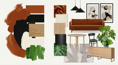 Moodboard de interiores centrado en la paleta de color Moodboard de interiores con IA de Raya en estilo historia de color: brochazos en teja, negro y verde, con muebles en esa misma paleta al lado