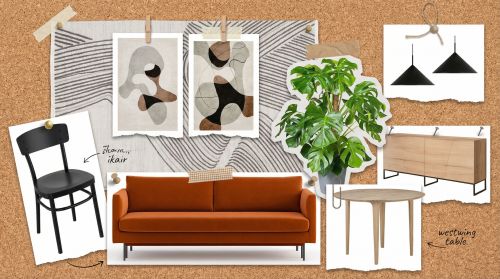 Tablero de inspiración en estilo álbum de recortes Moodboard con IA del generador de Raya en estilo álbum de recortes: fotos de muebles sujetas con chinchetas y cinta a un tablero de corcho